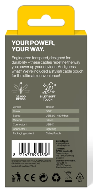 Aqiila Silicon USB-C/Lightni. 2.0 30W 1m Charging cable 