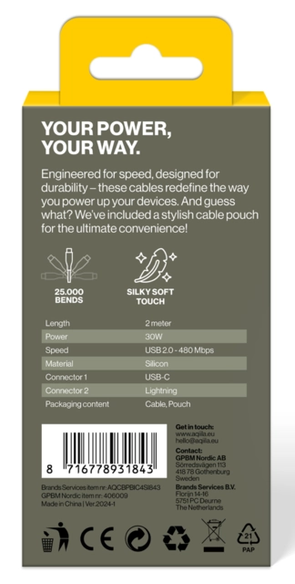 Aqiila Silicon USB-C/Lightni. 2.0 30W 2m Charging cable 