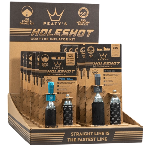 Peaty's Holeshot CO2 Tyre Inflator POS Box - 6x16g/6x25g - Mixed Colours